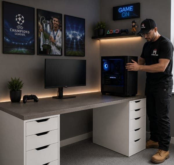 A finished desk setup with mounted artwork, monitor and PC