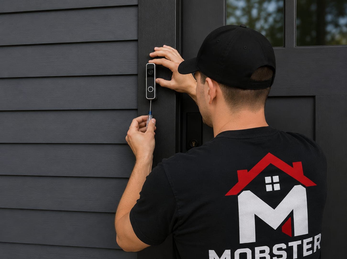 A Mobster screwing a video doorbell into the siding beside a front door